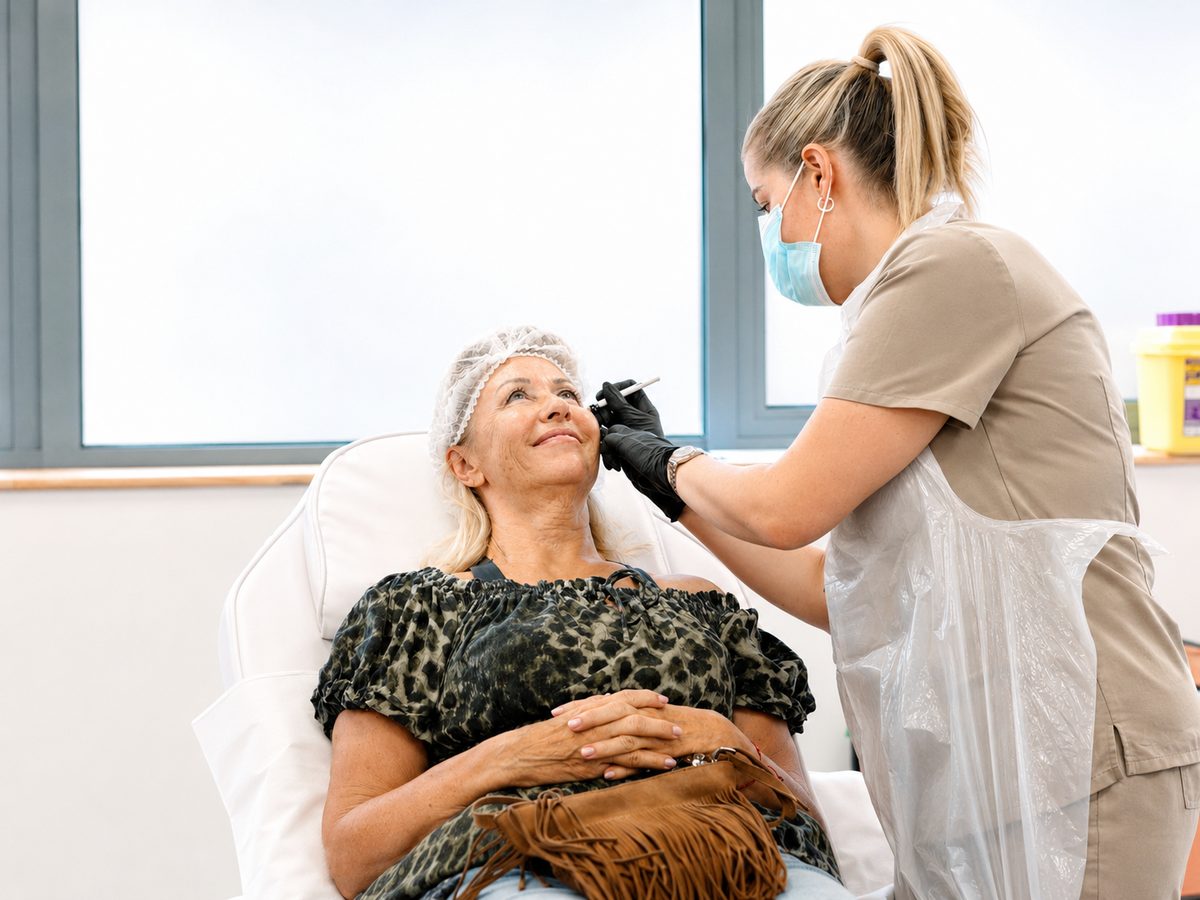 A practitioner in scrubs and mask treating a model's brow area in the Muse training clinic